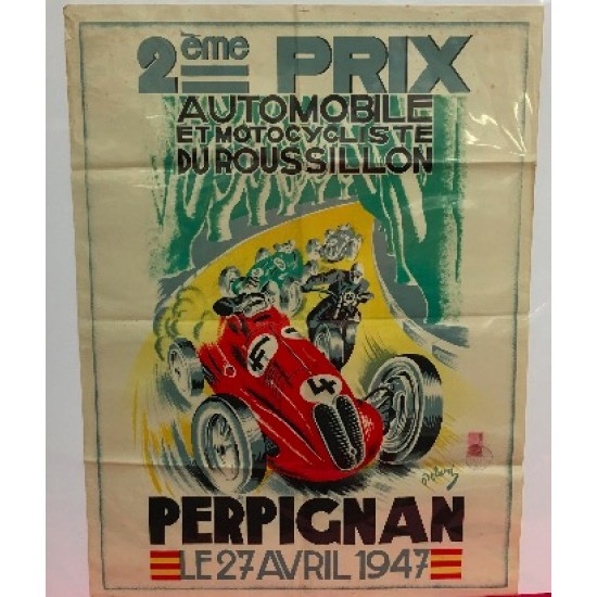 2éme Prix Automobile Et Motocycliste Du Roussillon Perpignan 1947 Official Race Poster