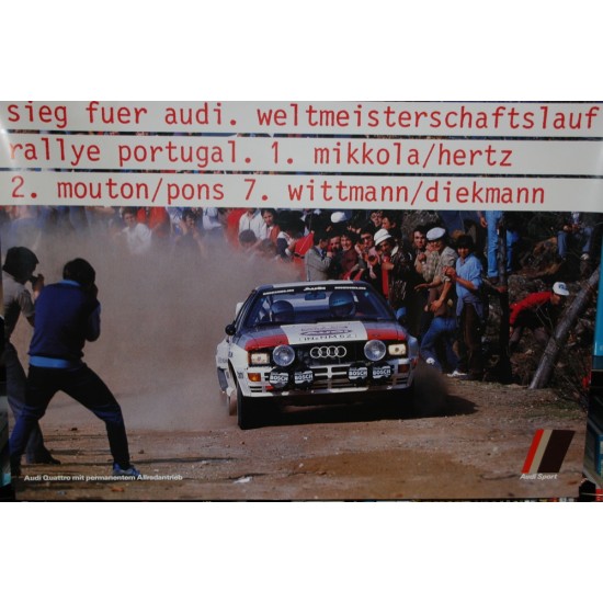 Audi "sieg fuer audi,weltmeisterschaftslauf rally portugal. 1.mikkola/hertz 2. mouton/pons 7. wittmann/diekmann.Factory Poster