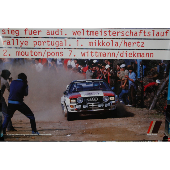 Audi "sieg fuer audi,weltmeisterschaftslauf rally portugal. 1.mikkola/hertz 2. mouton/pons 7. wittmann/diekmann.Factory Poster Audi "sieg fuer audi,weltmeisterschaftslauf rally portugal. 1.mikkola/hertz 2. mouton/pons 7. wittmann/diekmann.Factory Poster