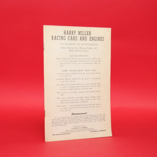 Harry Miller Racing Cars and Engine 1927 Booklet of Information